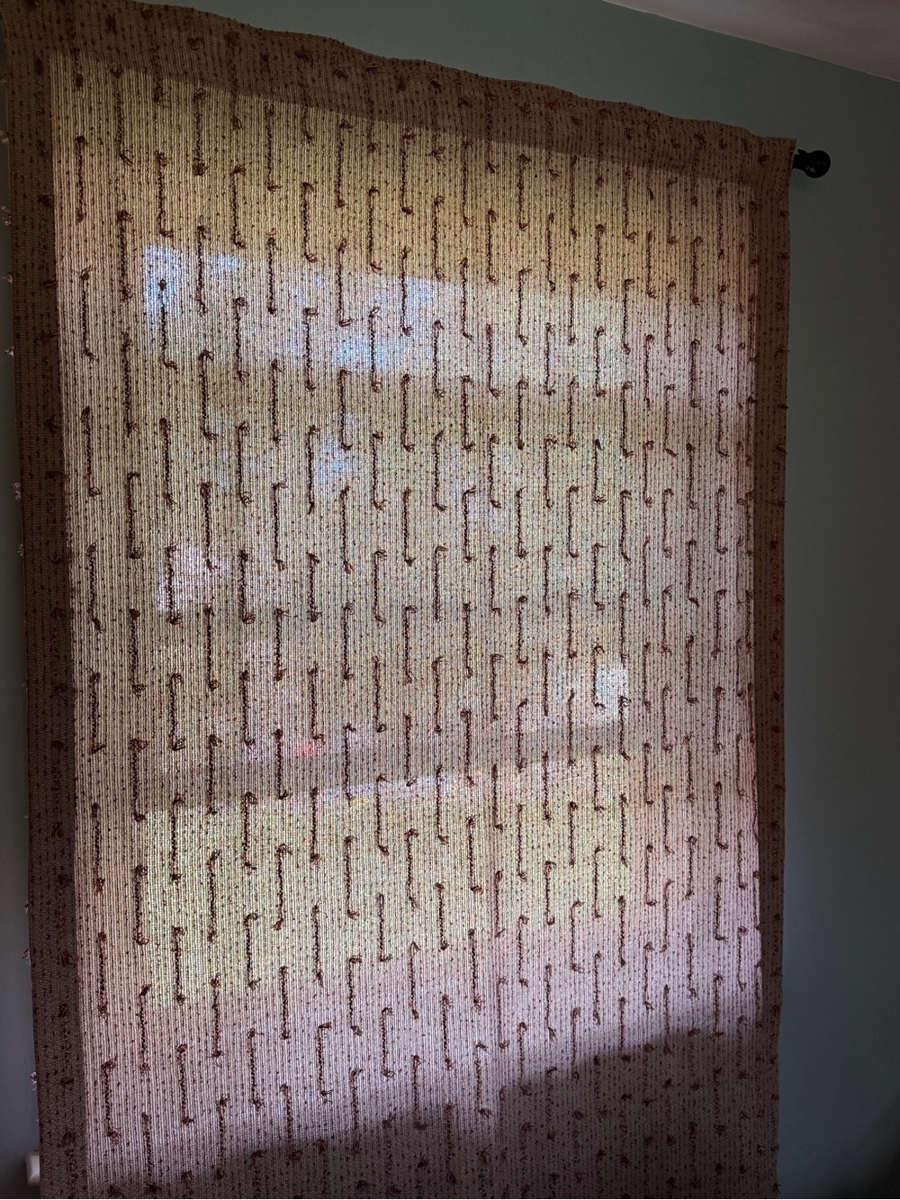 Sheer Beige Curtain Panel with Brown Geometric Accents